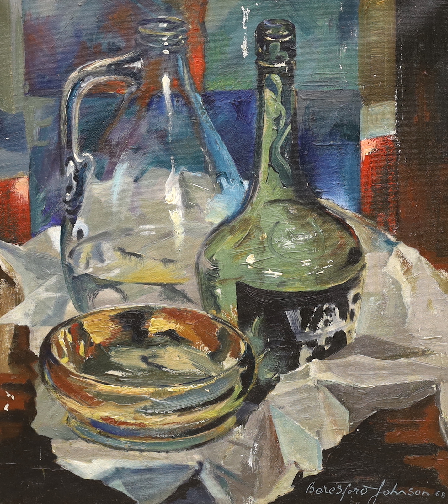 Beresford Johnson, oil on canvas, 'Two bottles', signed, International Amateur Art Exhibition, signed and dated '68, inscribed label verso, 44 x 39cm